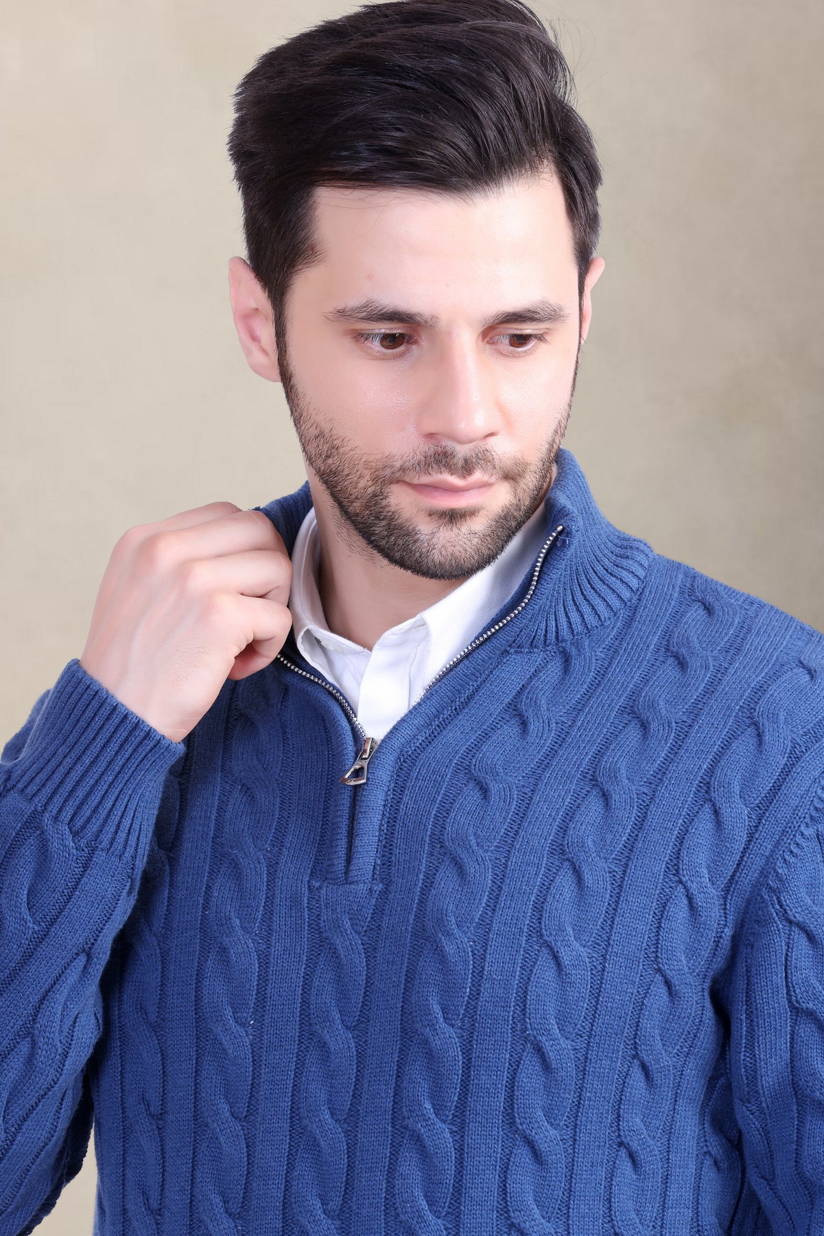 Men’s Blue Cable Knit Half Zip Sweater