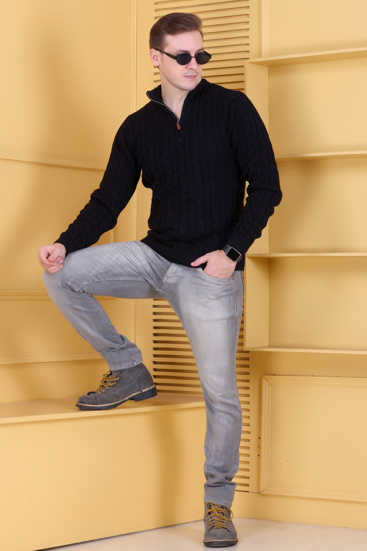 Men Self Design Collared Neck Light Black Sweater