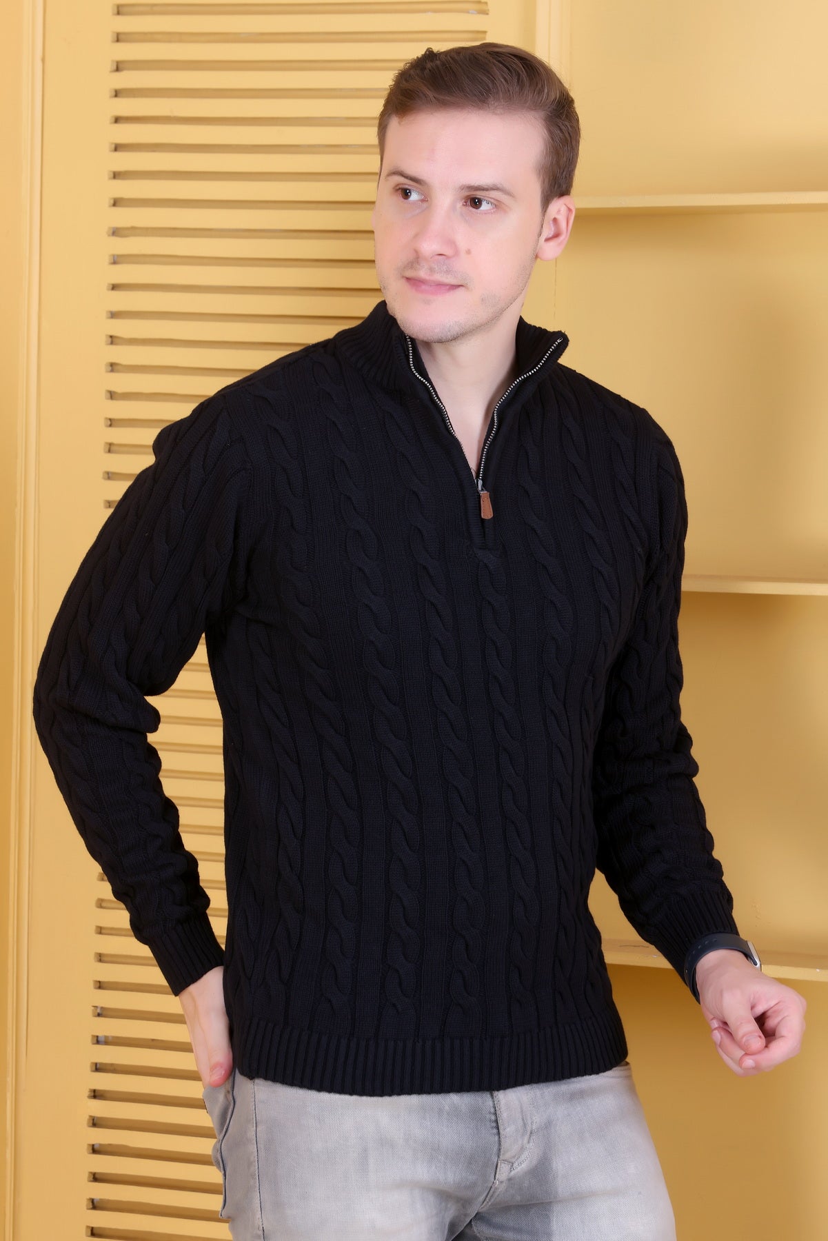 Men Self Design Collared Neck Light Black Sweater