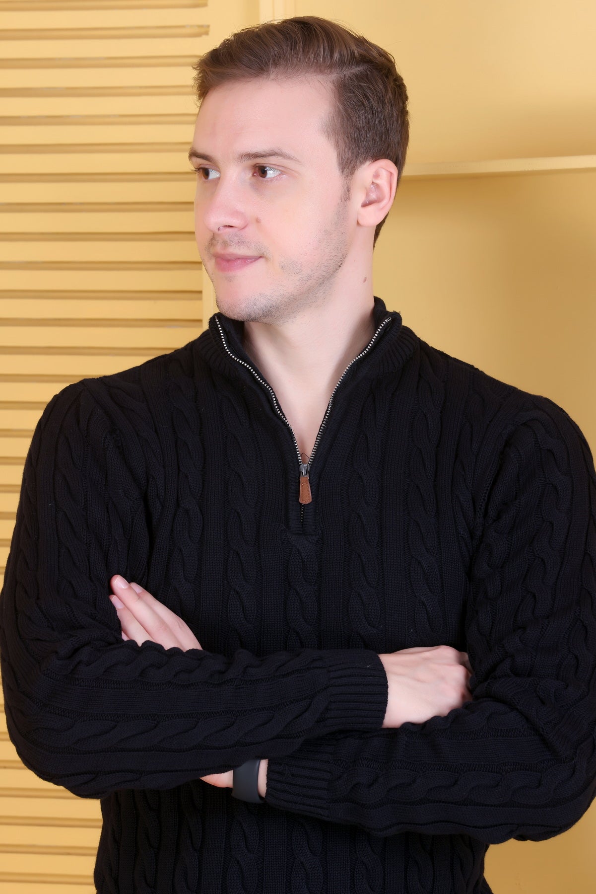 Men Self Design Collared Neck Light Black Sweater