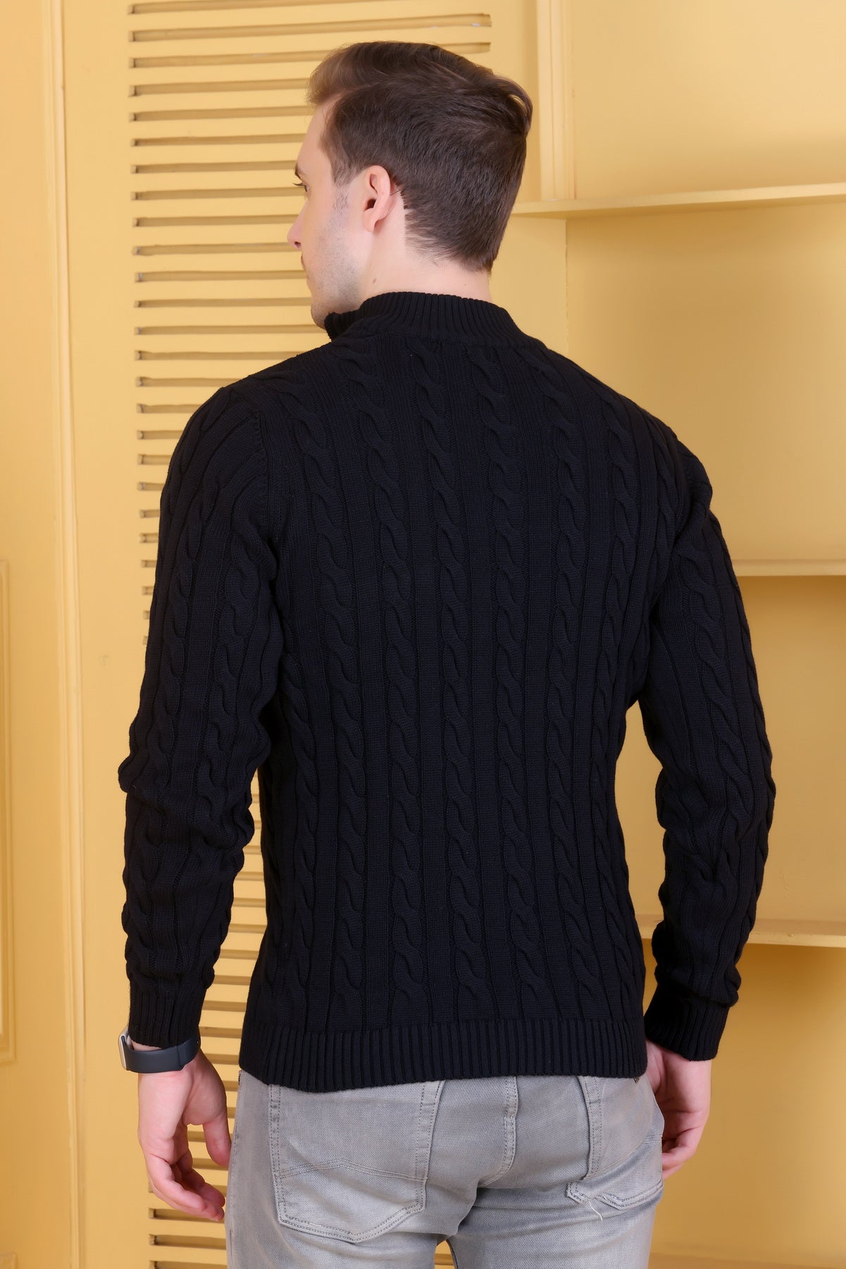 Men Self Design Collared Neck Light Black Sweater