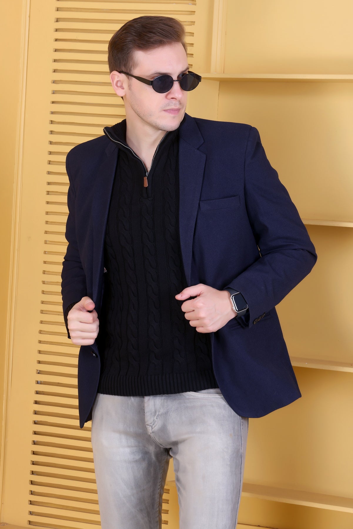 Men Self Design Collared Neck Light Black Sweater