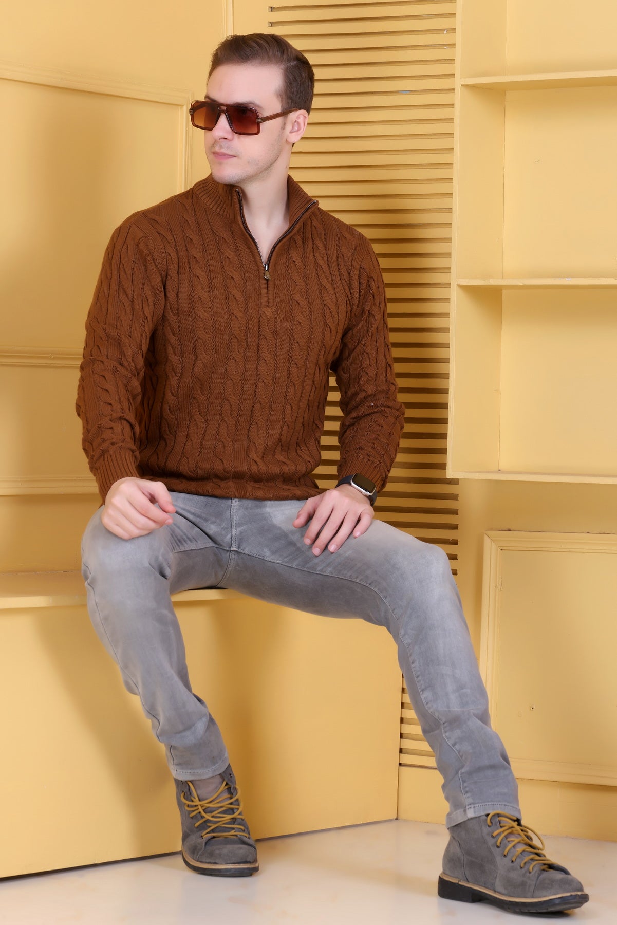 Men Self Design Collared Neck Brown Sweater