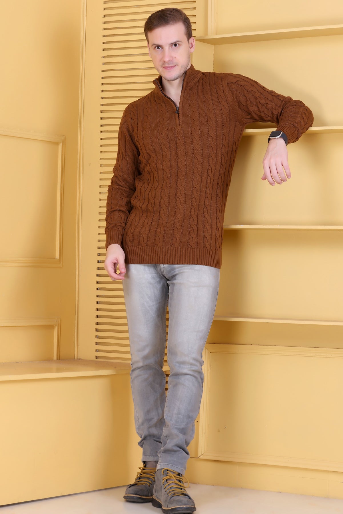 Men Self Design Collared Neck Brown Sweater