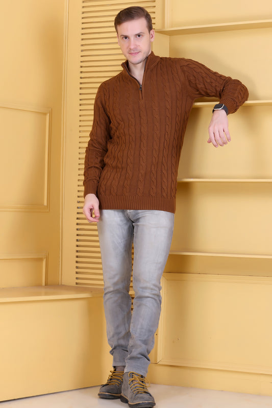 Men Self Design Collared Neck Brown Sweater