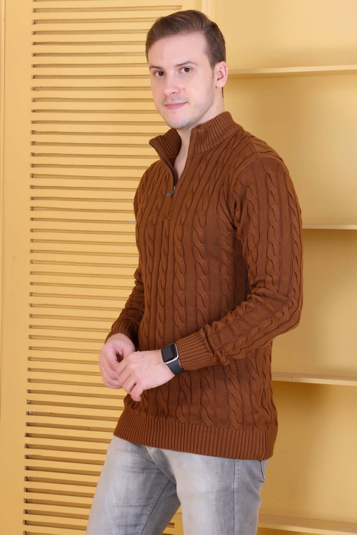Men Self Design Collared Neck Brown Sweater