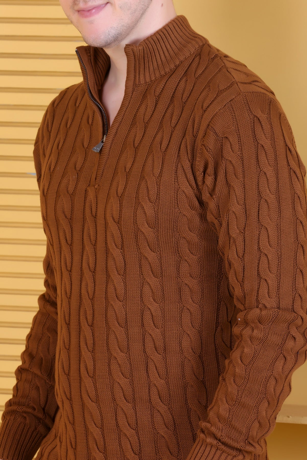 Men Self Design Collared Neck Brown Sweater