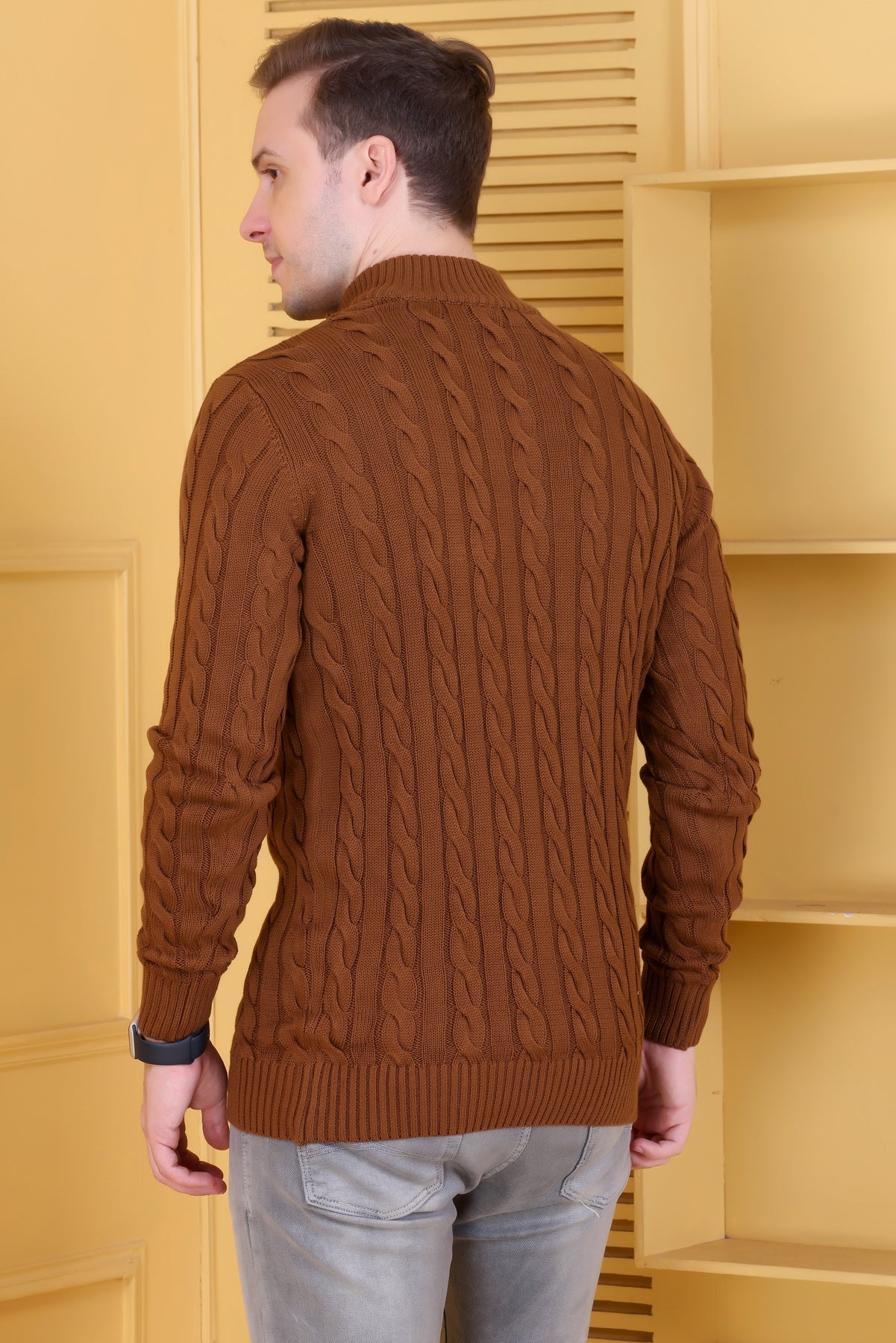 Men Self Design Collared Neck Brown Sweater