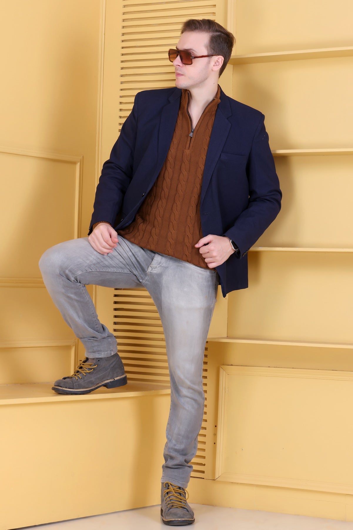 Men Self Design Collared Neck Brown Sweater