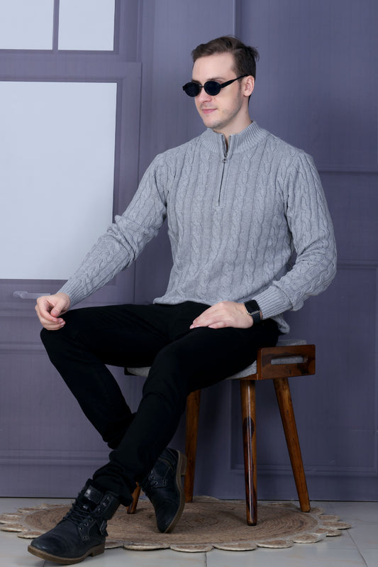 Men Self Design Collared Neck Grey Sweater
