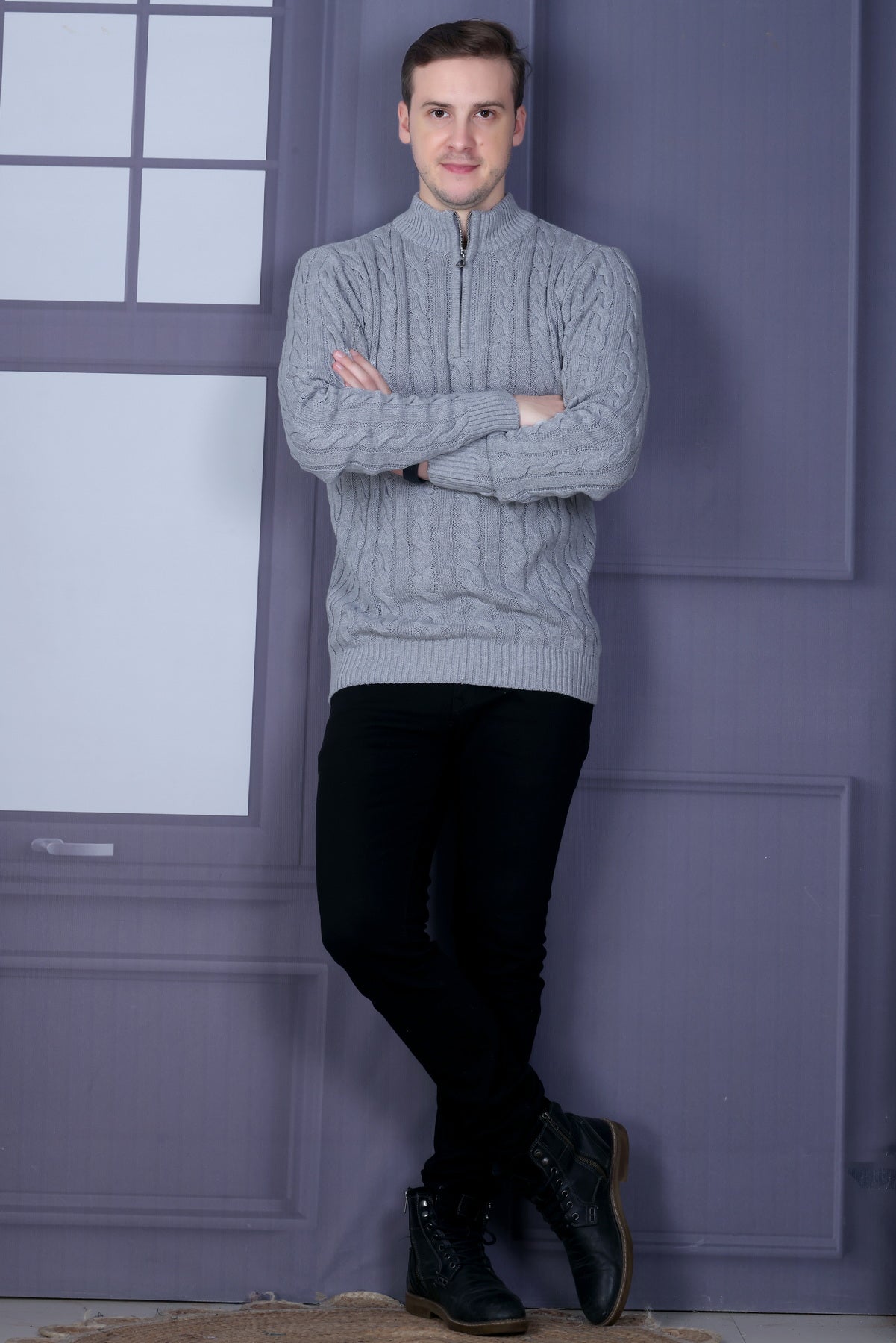 Men Self Design Collared Neck Grey Sweater