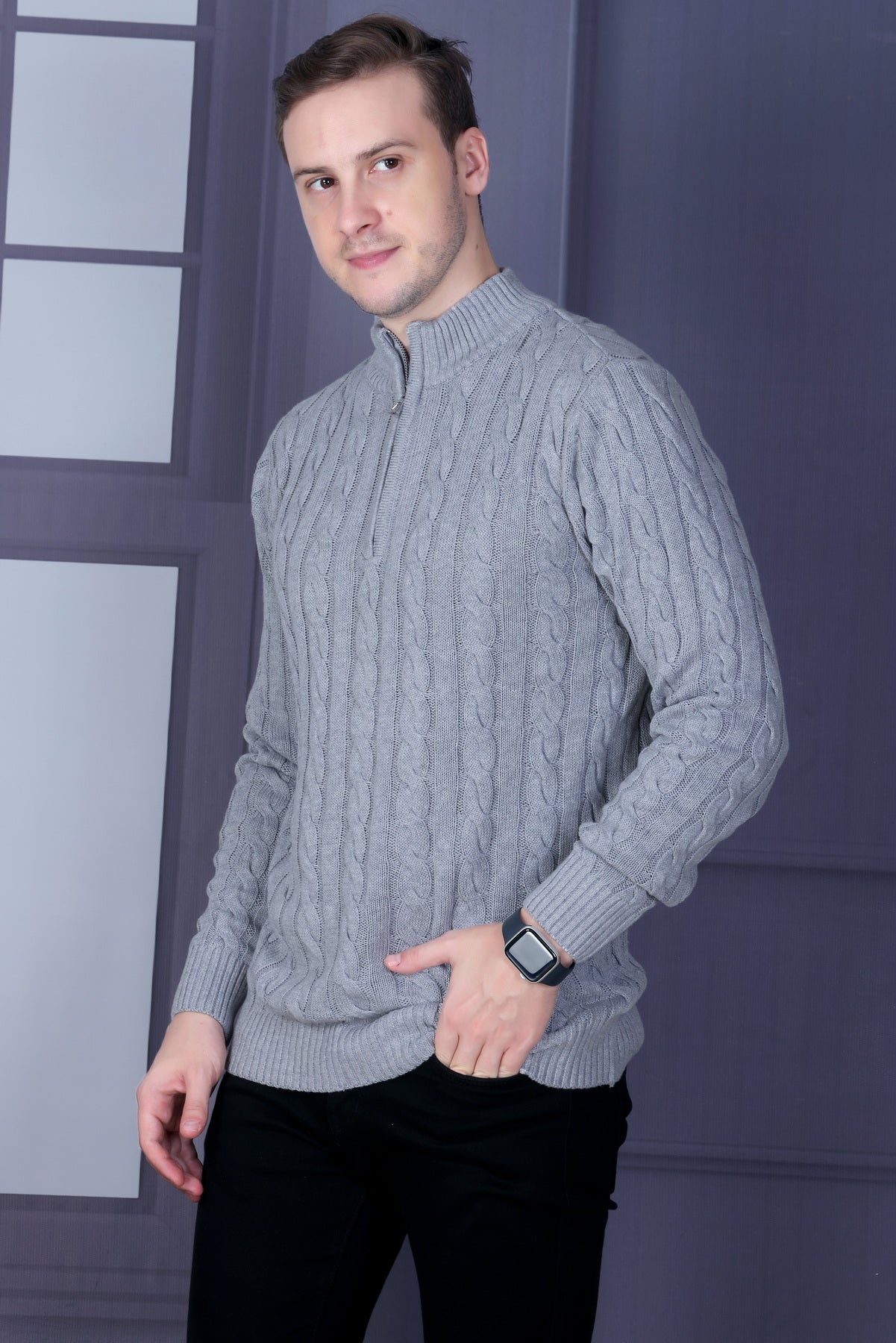 Men Self Design Collared Neck Grey Sweater