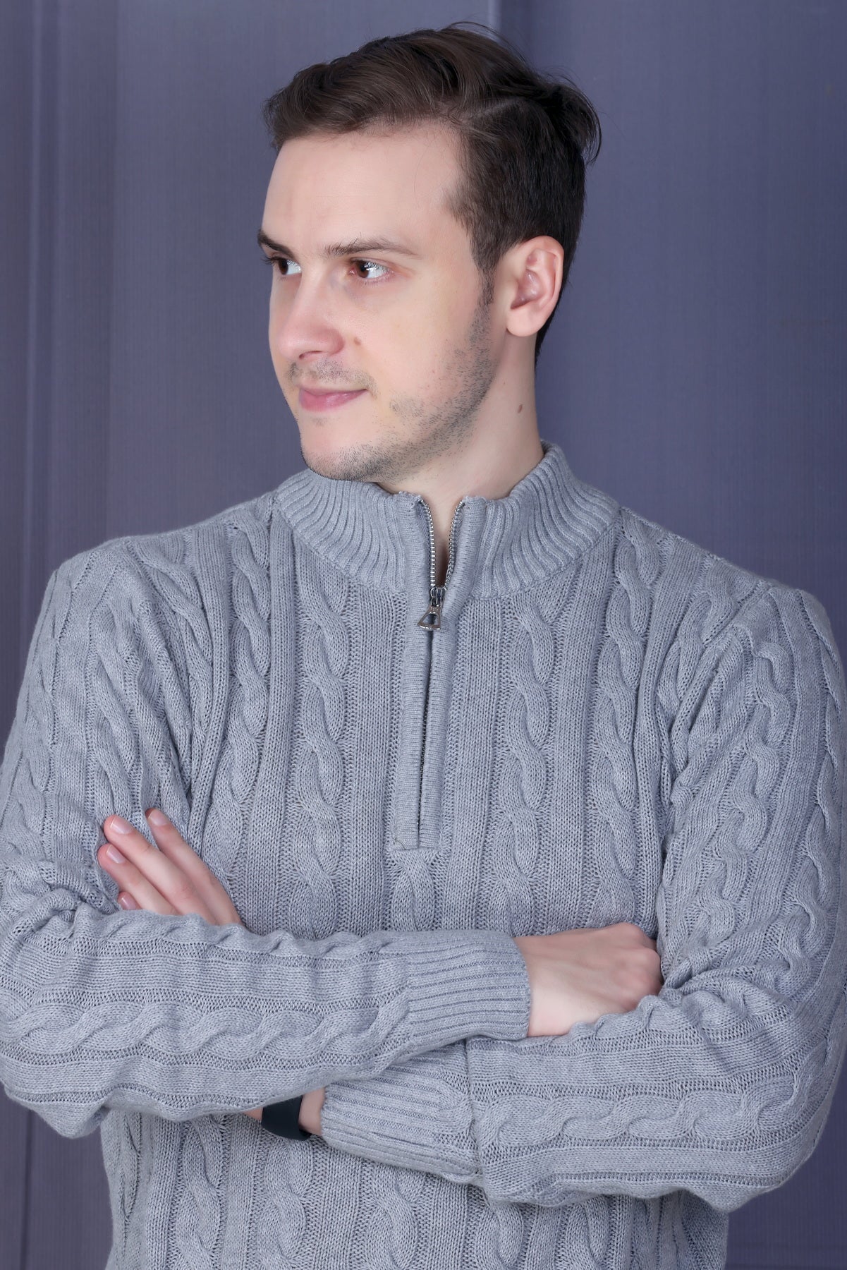Men Self Design Collared Neck Grey Sweater
