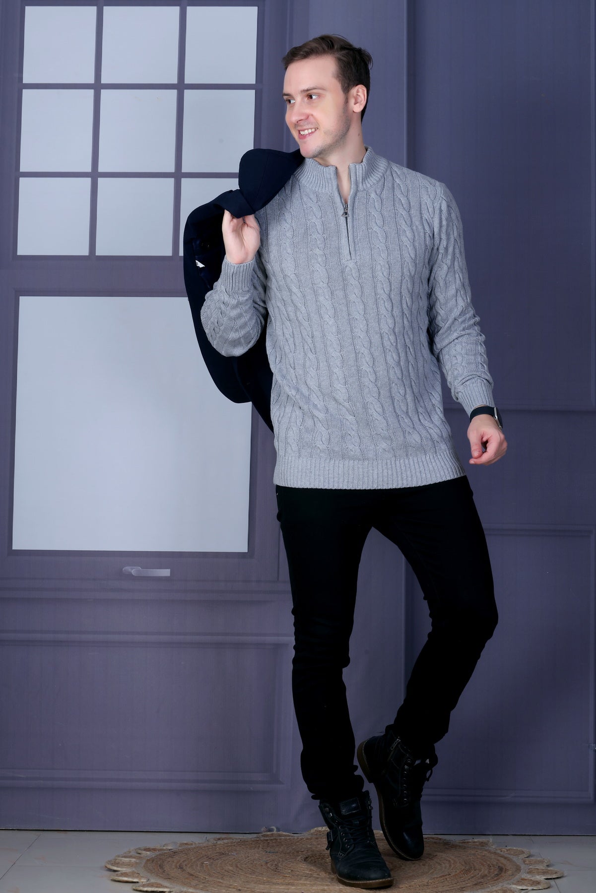 Men Self Design Collared Neck Grey Sweater