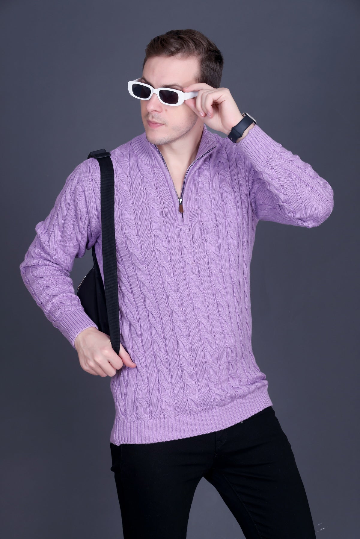 Men Self Design Collared Neck Lavender Sweater
