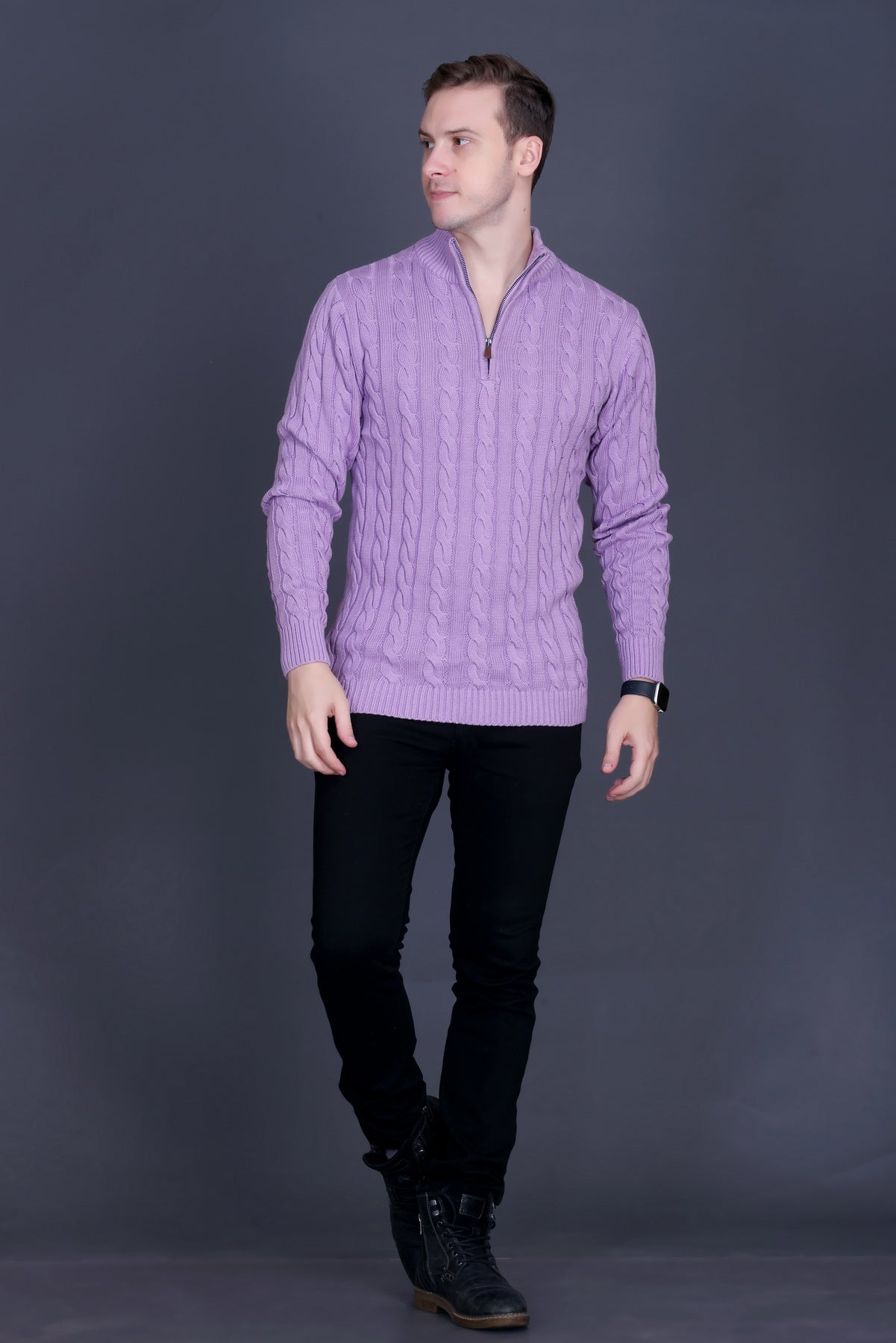 Men Self Design Collared Neck Lavender Sweater
