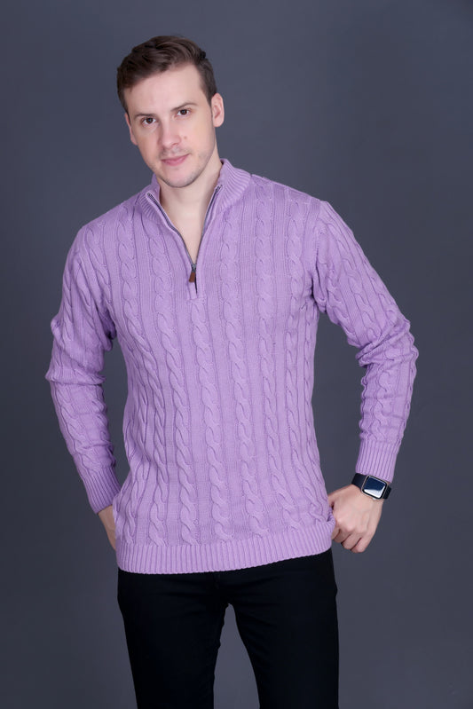 Men Self Design Collared Neck Lavender Sweater
