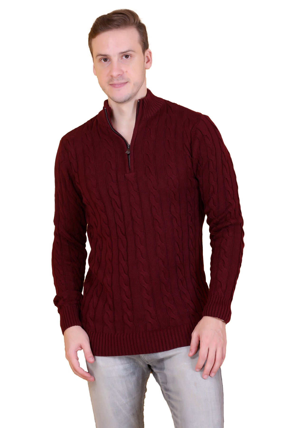 Men Self Design Collared Neck Maroon Sweater