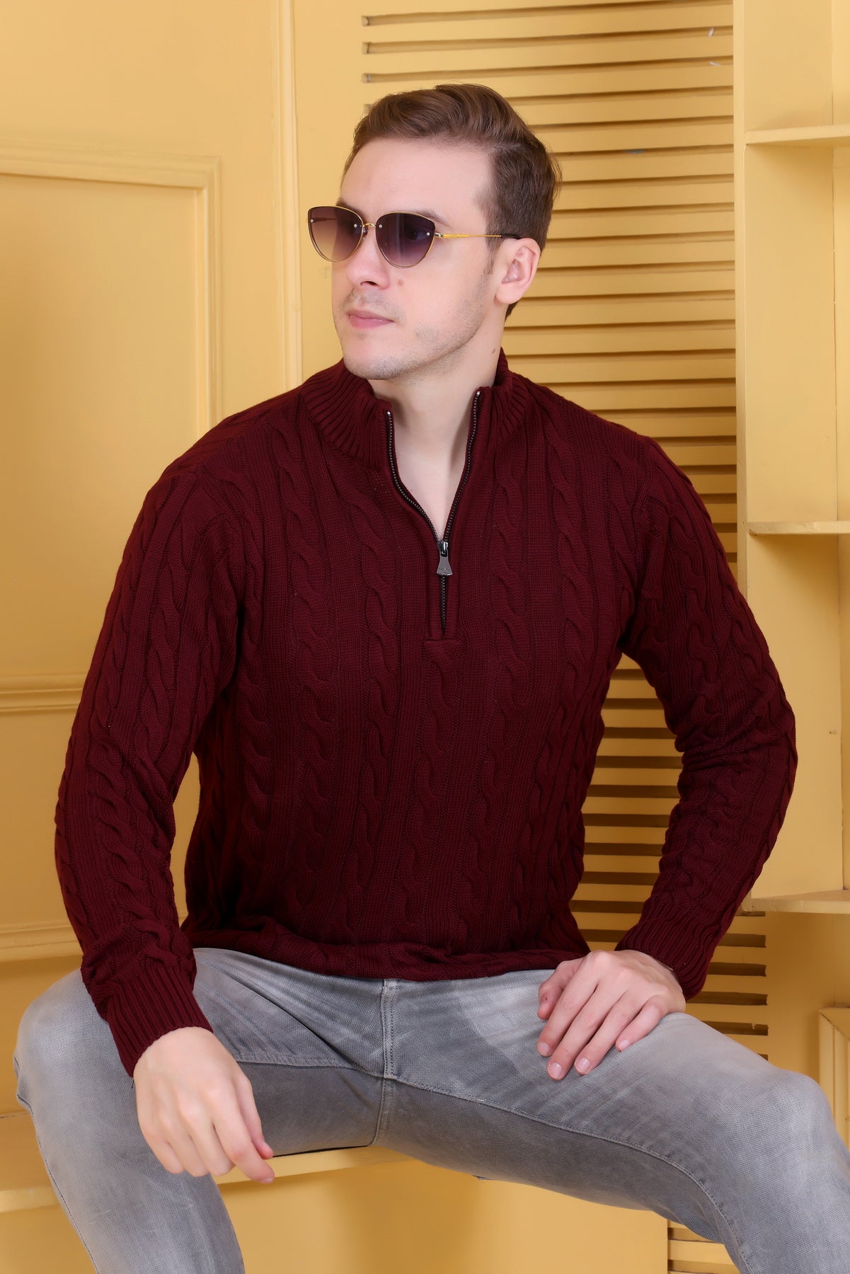 Men Self Design Collared Neck Maroon Sweater