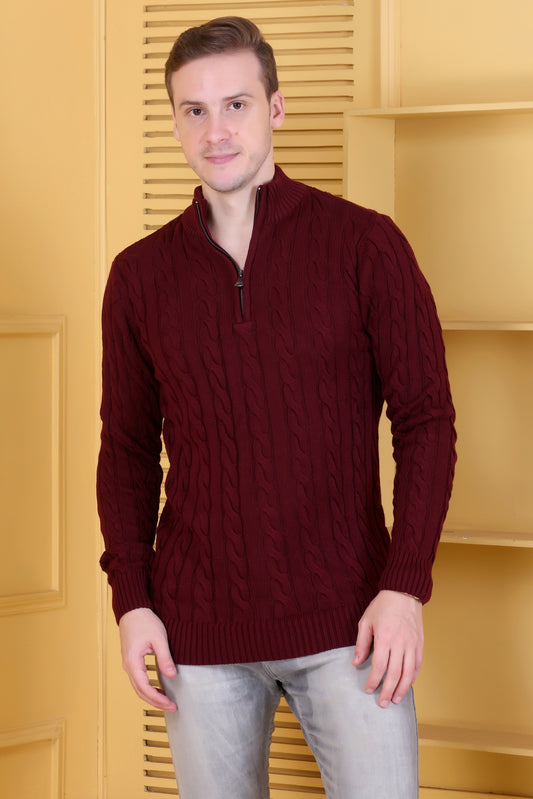 Men Self Design Collared Neck Maroon Sweater