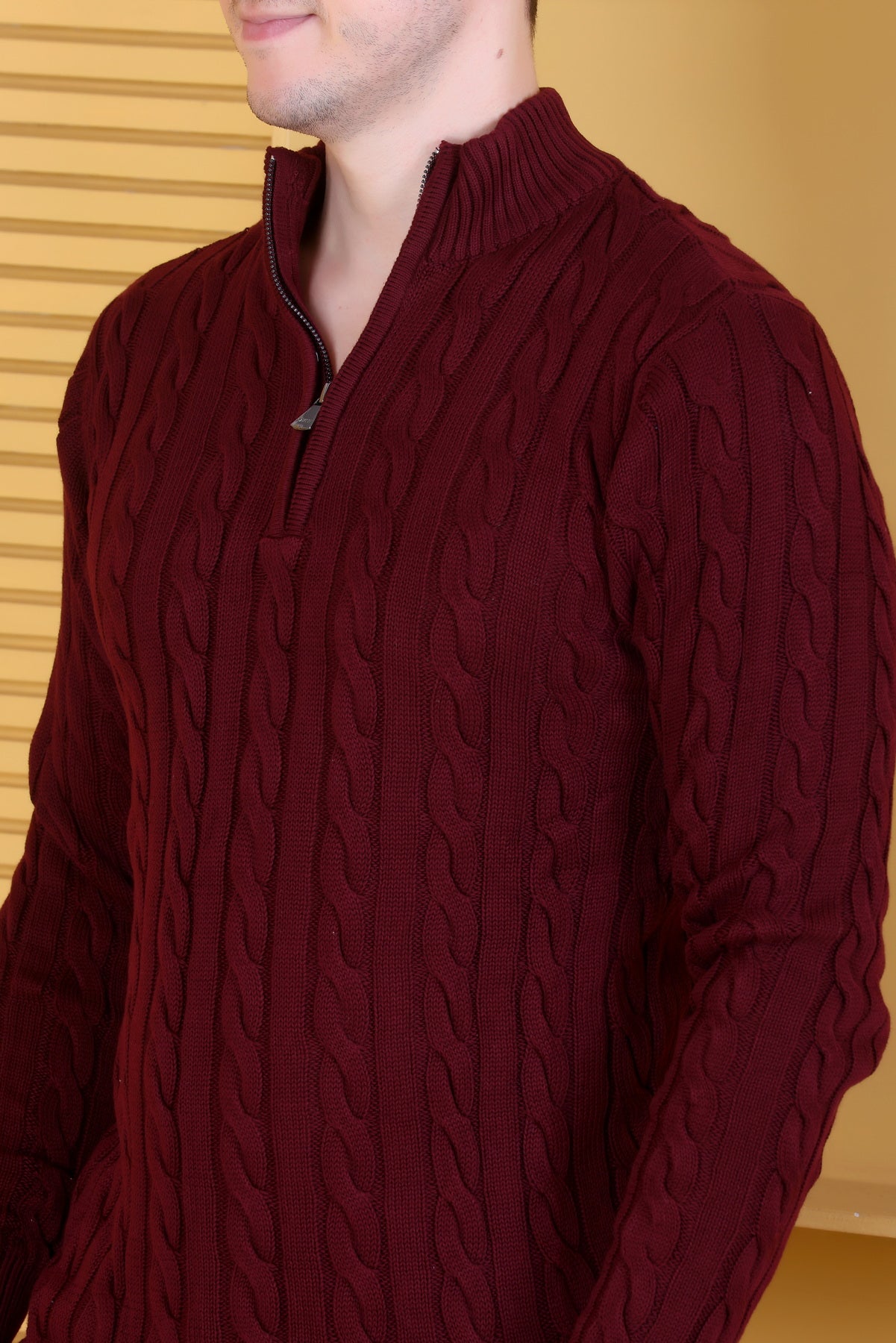 Men Self Design Collared Neck Maroon Sweater