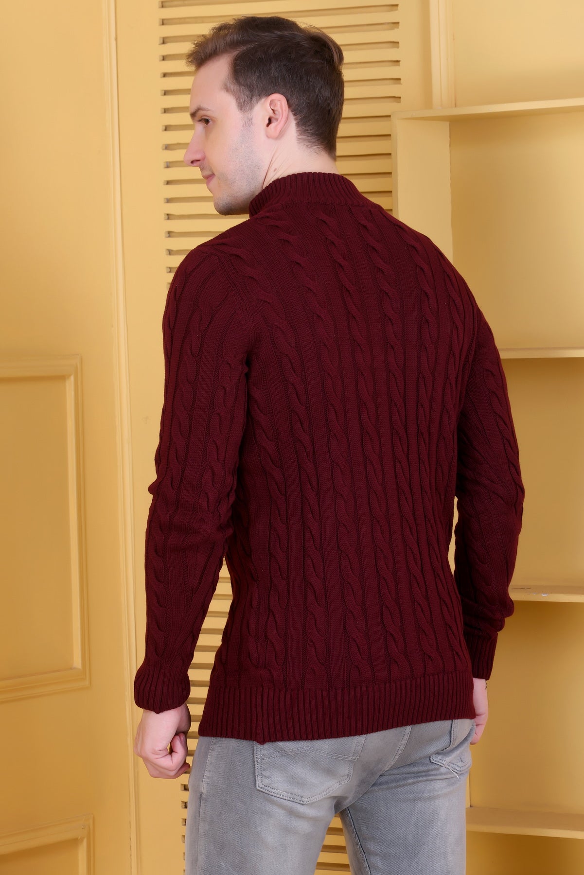 Men Self Design Collared Neck Maroon Sweater