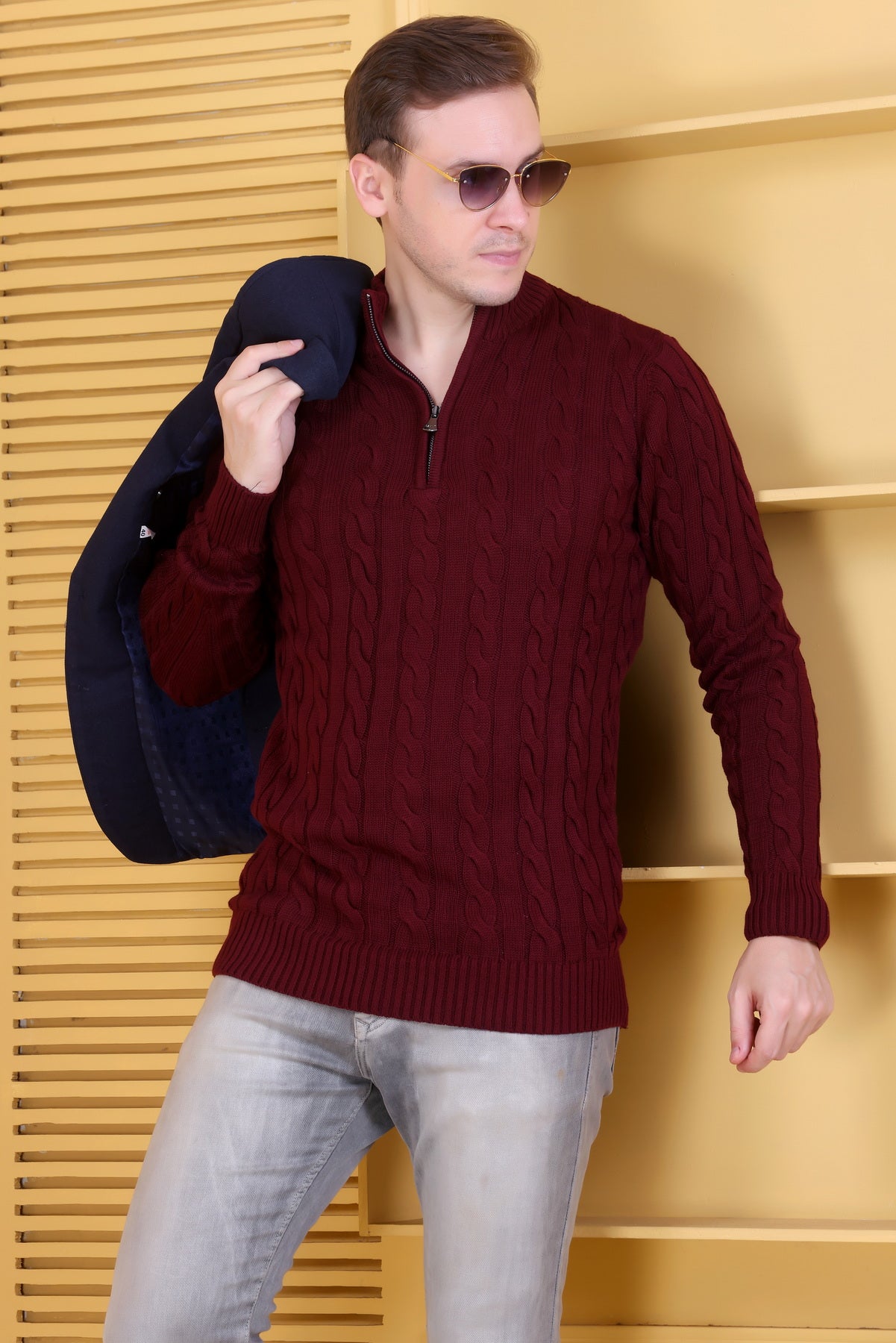Men Self Design Collared Neck Maroon Sweater