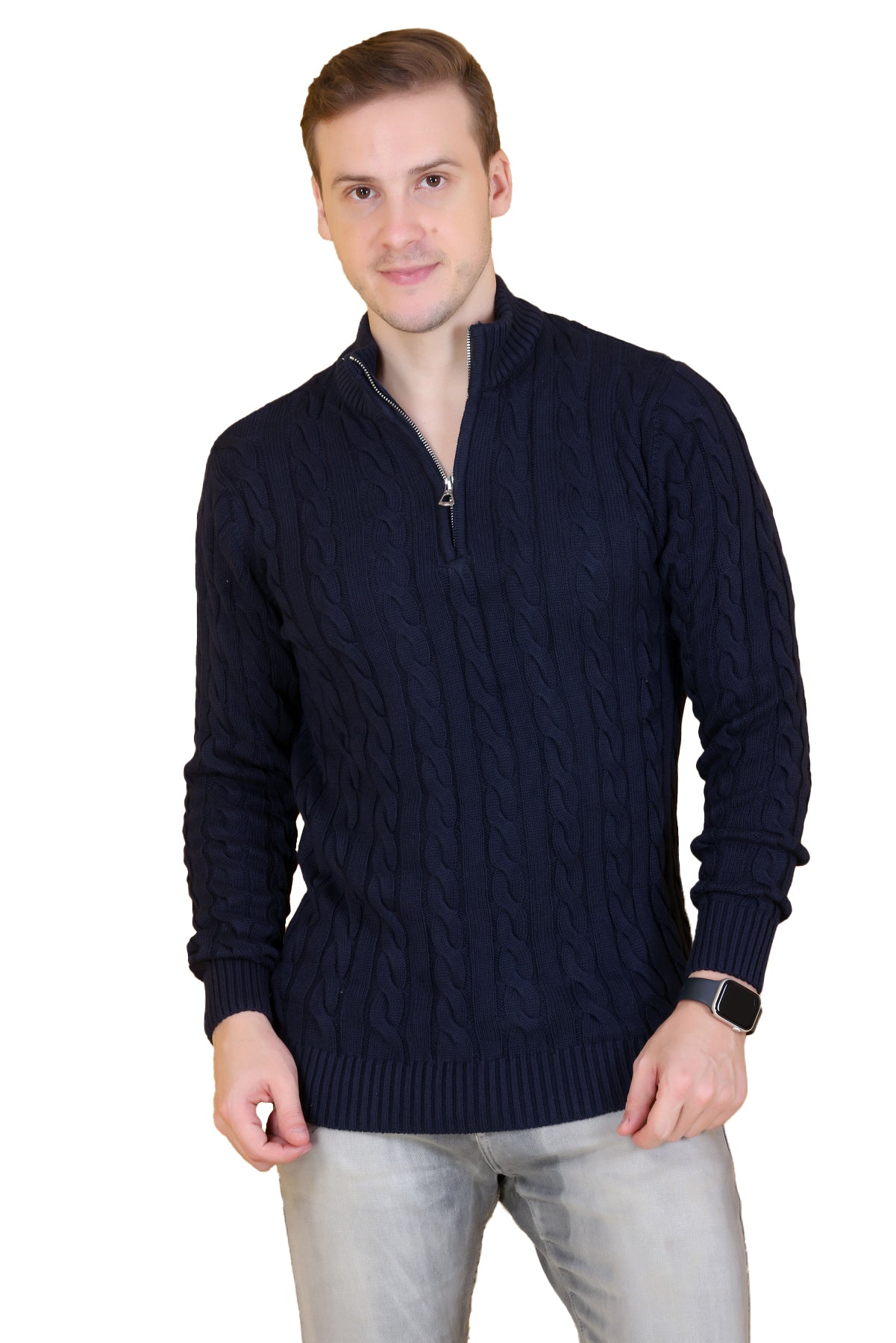 Men’s Self-Design Collared Neck Navy Sweater