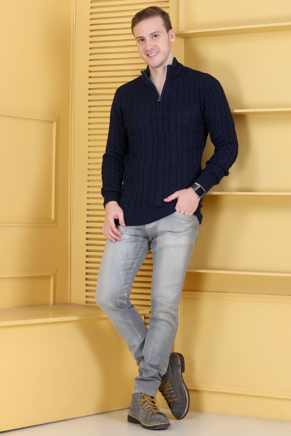Men’s Self-Design Collared Neck Navy Sweater