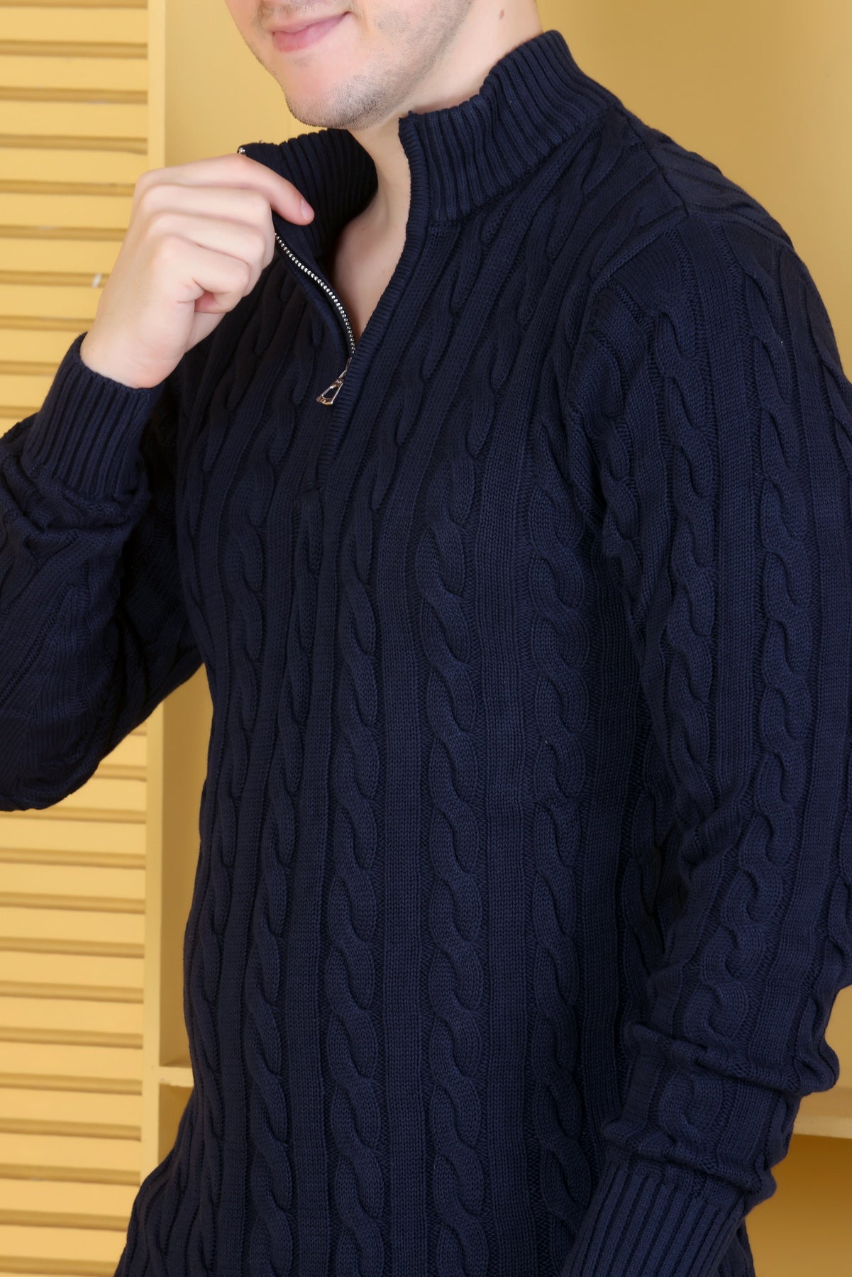 Men’s Self-Design Collared Neck Navy Sweater