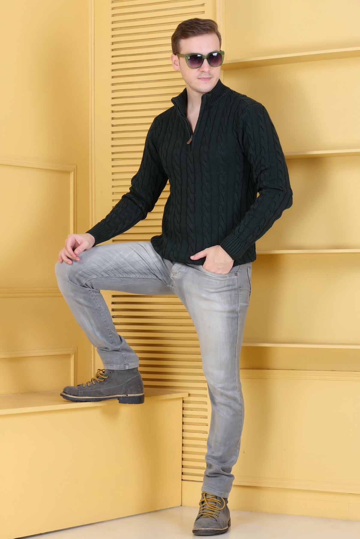 Men’s Self-Design Collared Olive Sweater | Stylish Winter Wear for Men | Premium Knit Pullover