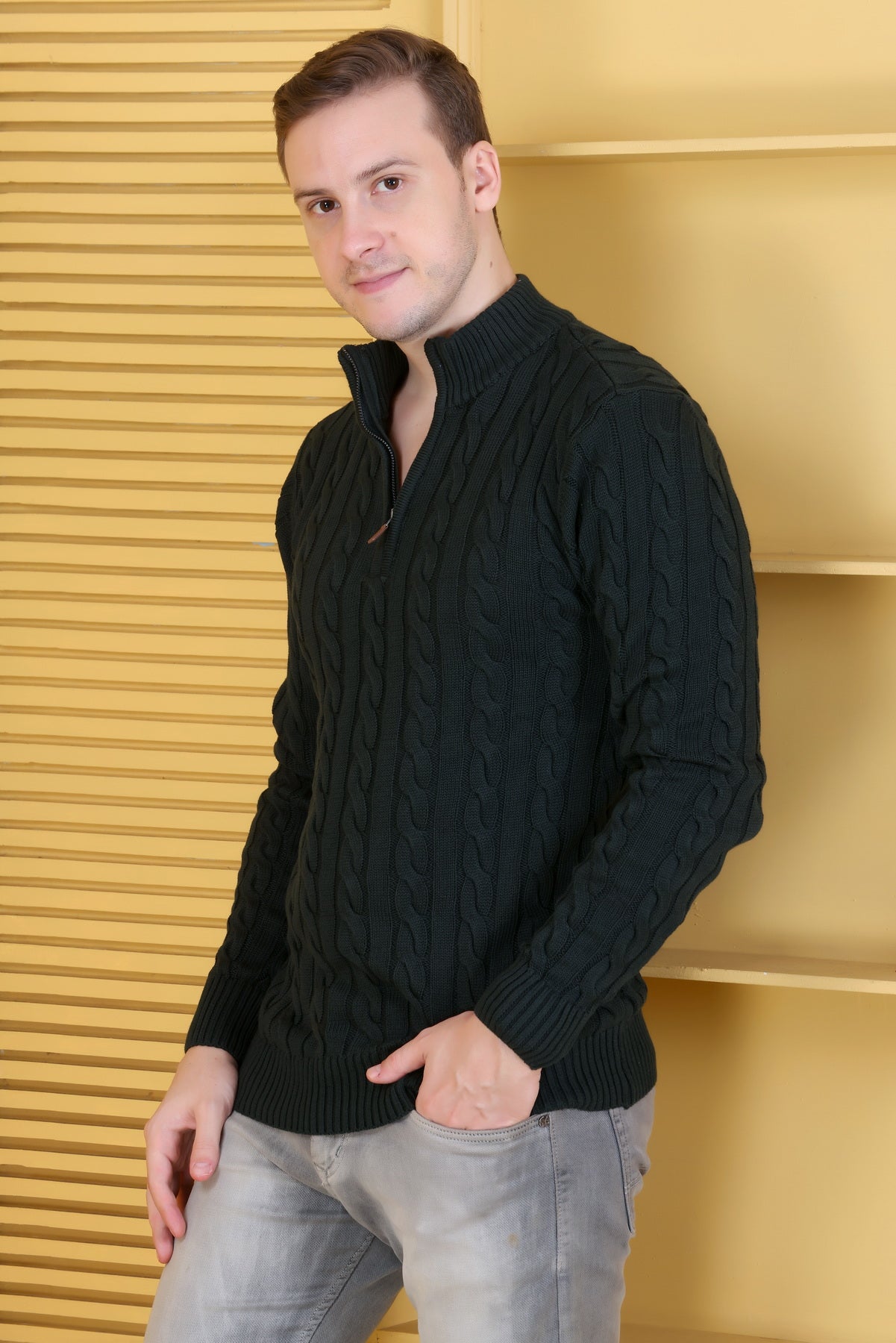 Men’s Self-Design Collared Olive Sweater | Stylish Winter Wear for Men | Premium Knit Pullover