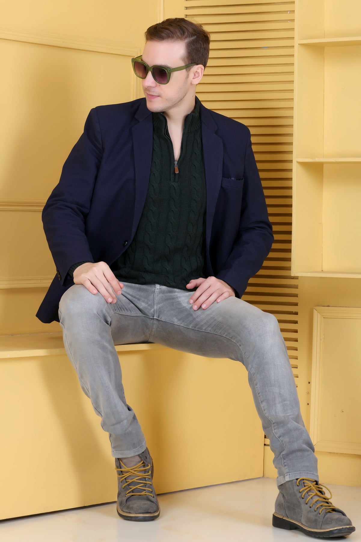 Men’s Self-Design Collared Olive Sweater | Stylish Winter Wear for Men | Premium Knit Pullover