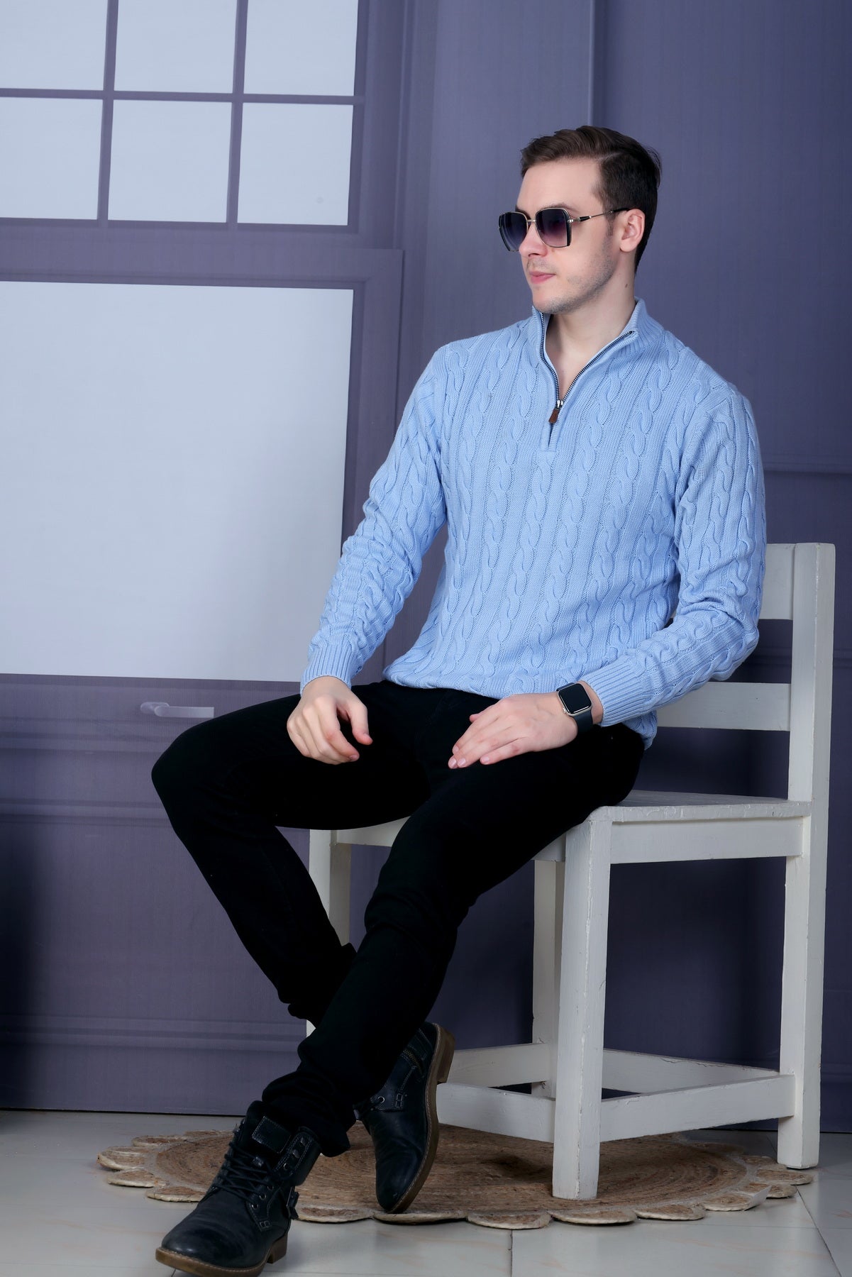 Men’s Self-Design Collared Sky Blue Sweater | Premium Winter Wear for Men