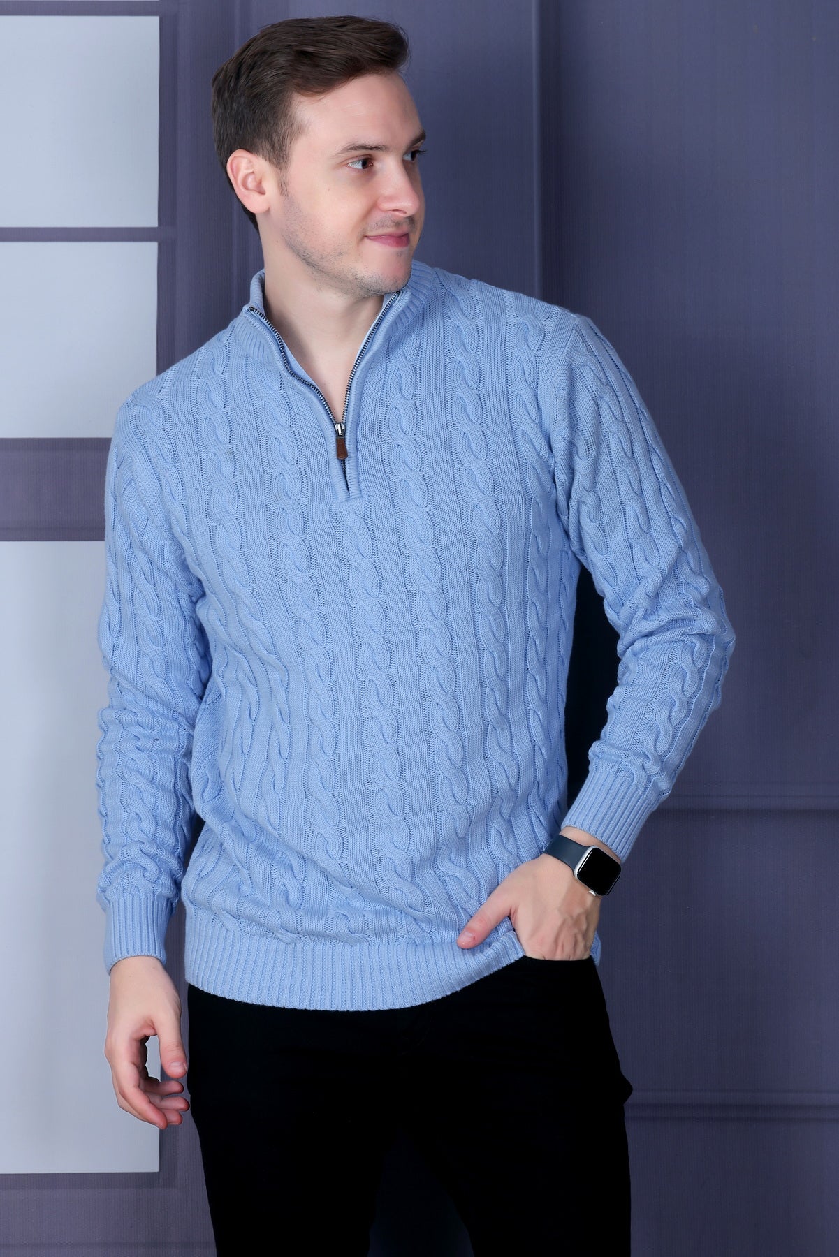 Men’s Self-Design Collared Sky Blue Sweater | Premium Winter Wear for Men
