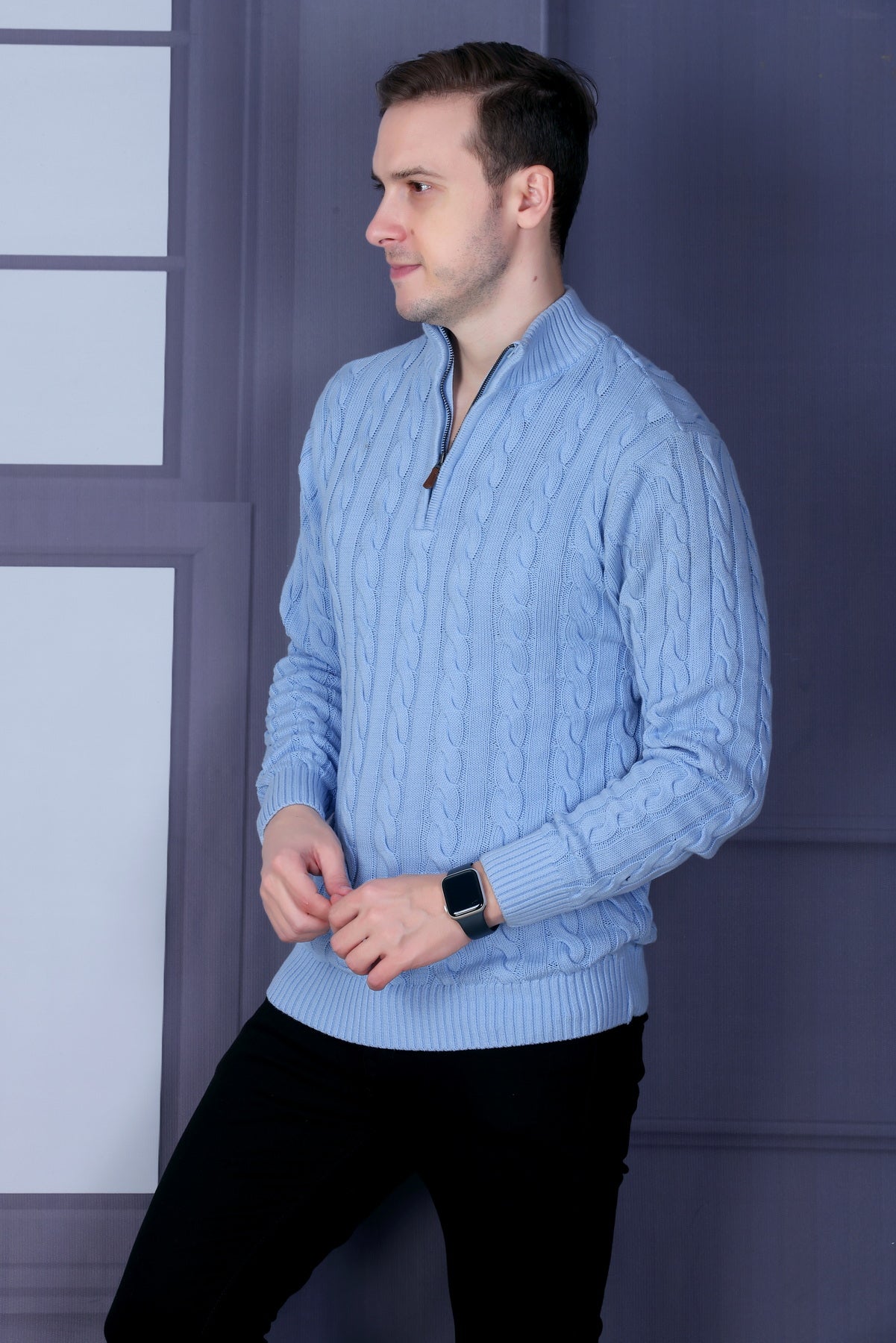 Men’s Self-Design Collared Sky Blue Sweater | Premium Winter Wear for Men