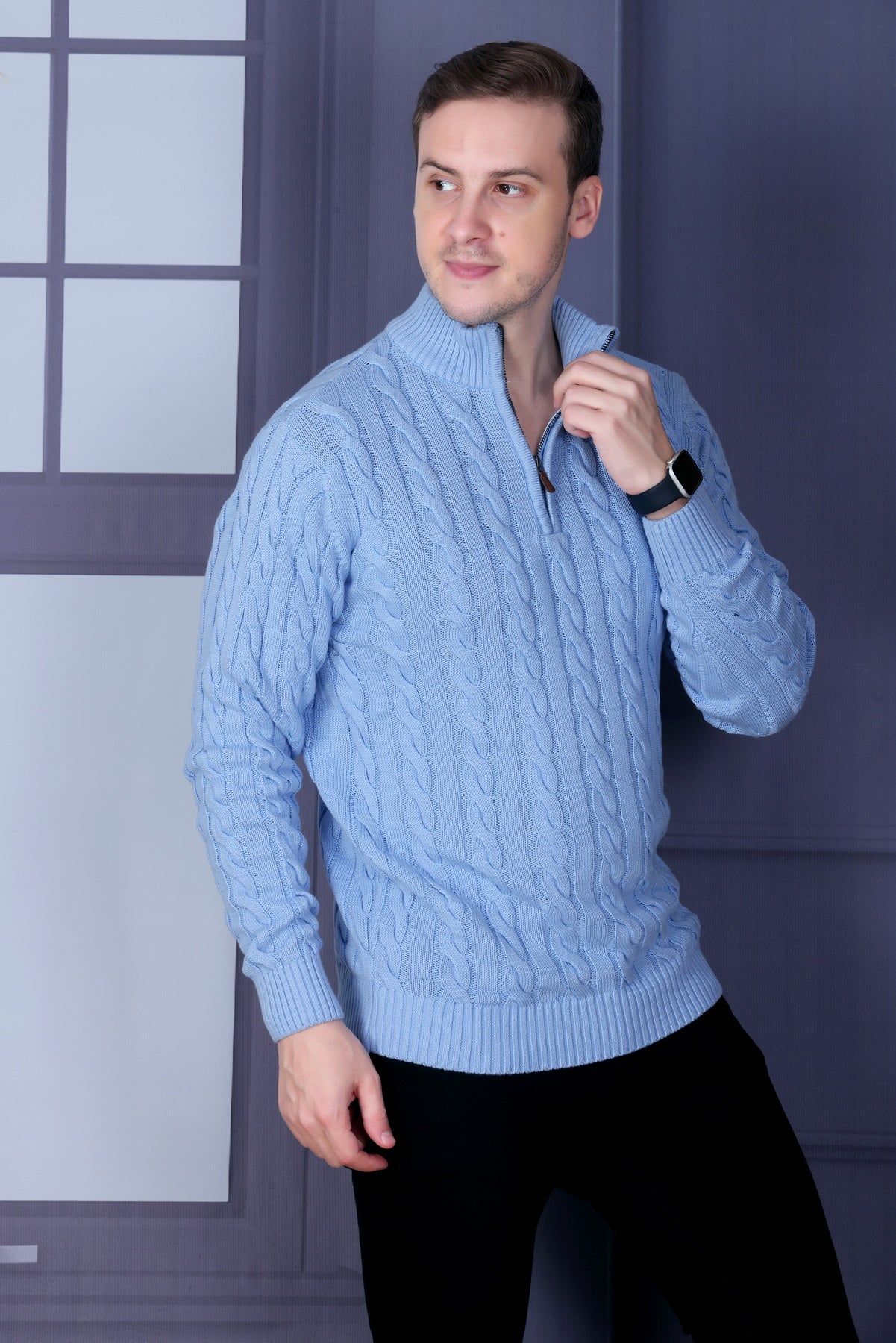 Men’s Self-Design Collared Sky Blue Sweater | Premium Winter Wear for Men