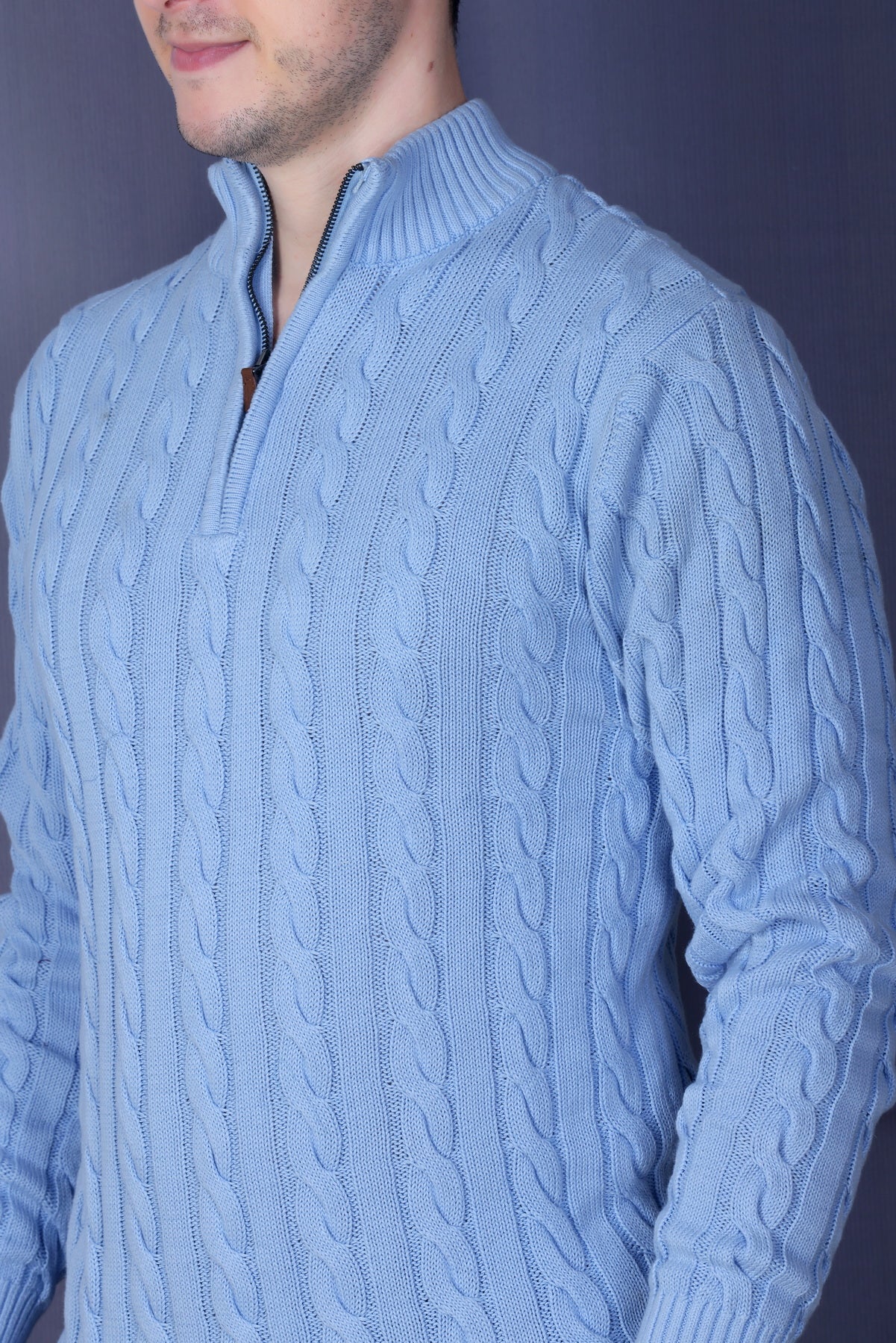 Men’s Self-Design Collared Sky Blue Sweater | Premium Winter Wear for Men