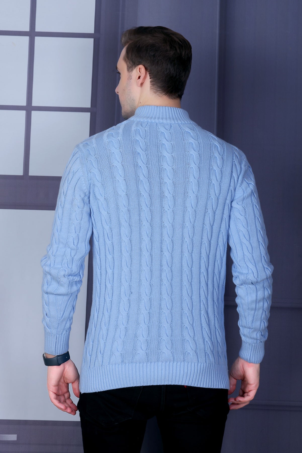 Men’s Self-Design Collared Sky Blue Sweater | Premium Winter Wear for Men