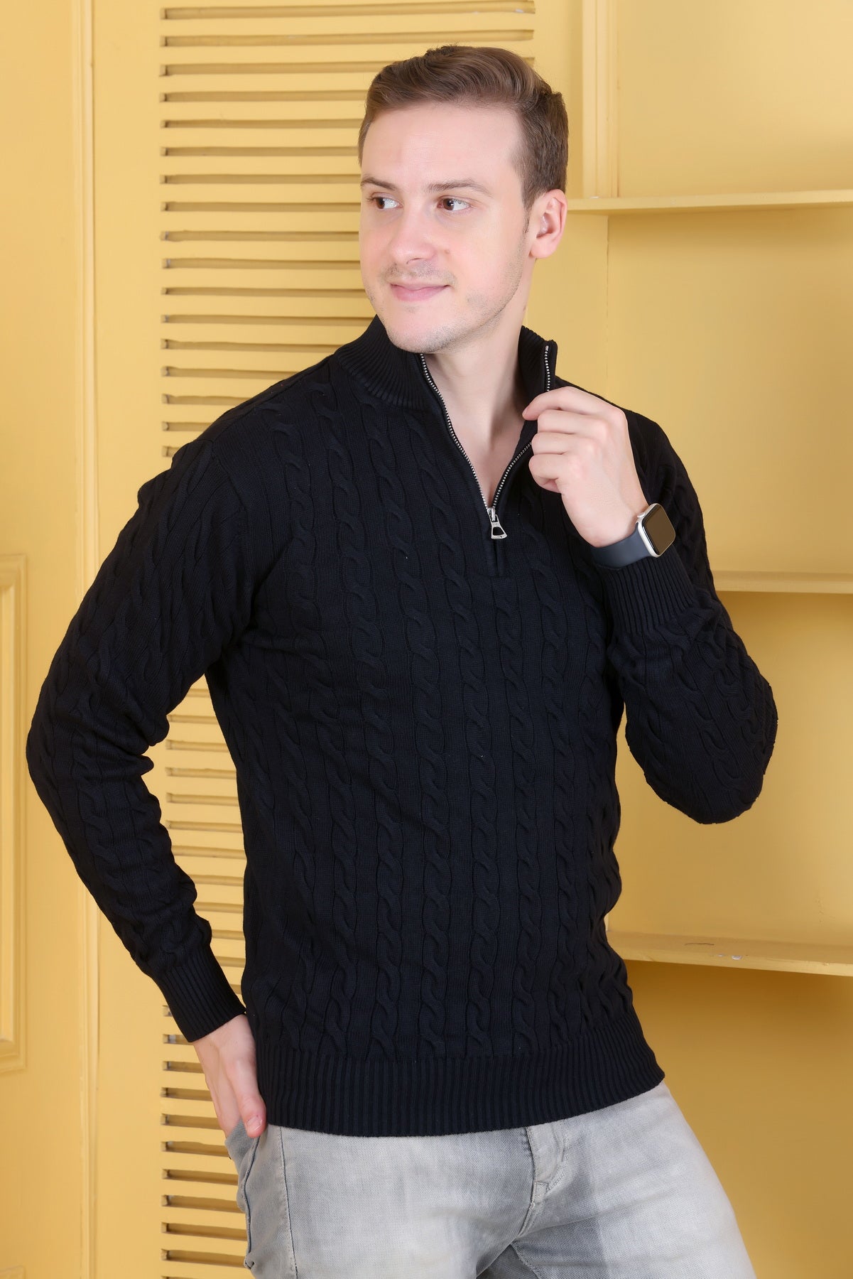 Men Solid Collared Neck Black Sweater