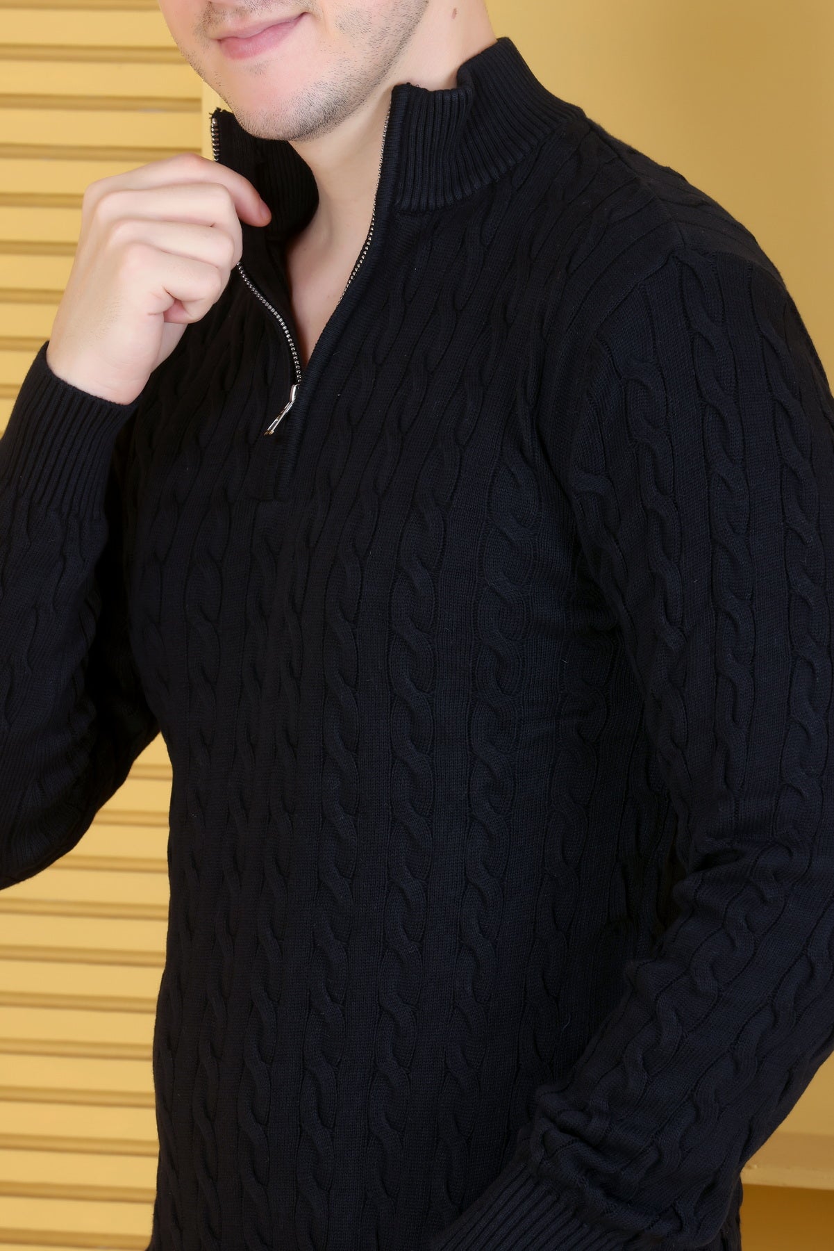 Men Solid Collared Neck Black Sweater