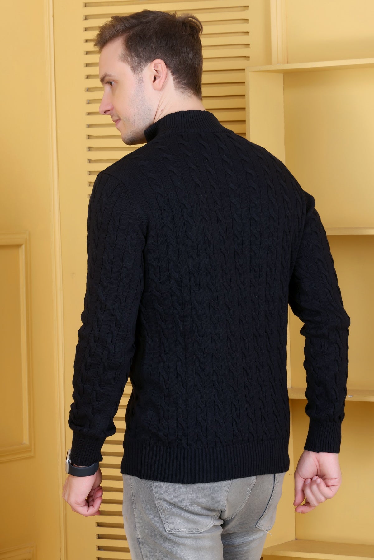 Men Solid Collared Neck Black Sweater