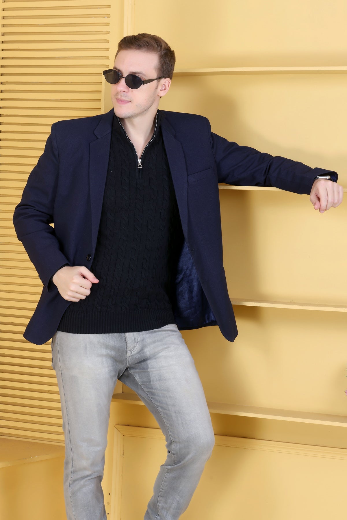 Men Solid Collared Neck Black Sweater