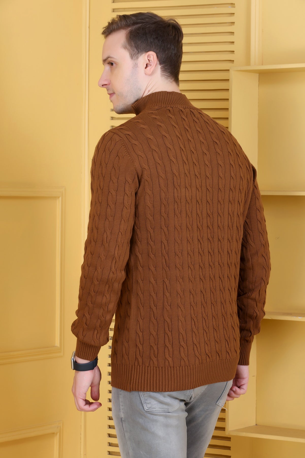 Men Solid Collared Neck Brown Sweater