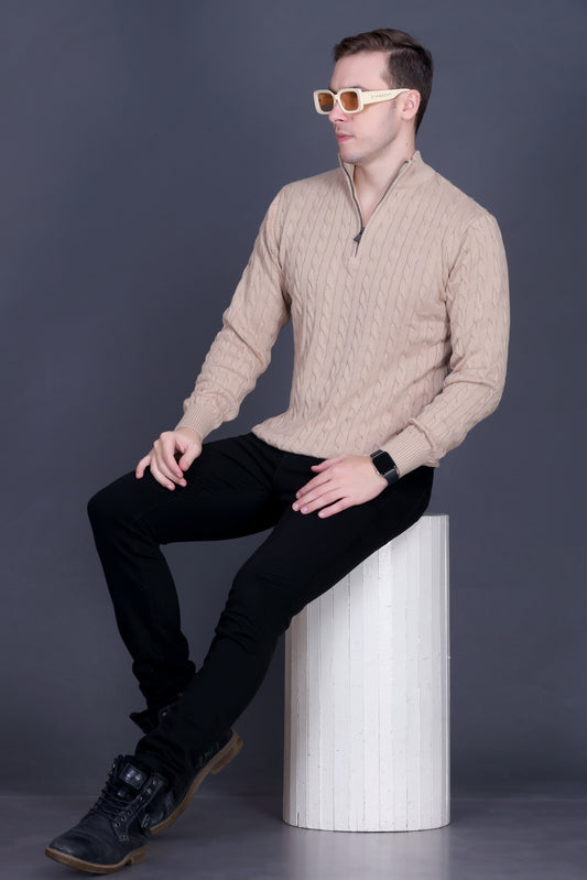 Men Solid Collared Neck Camel Sweater