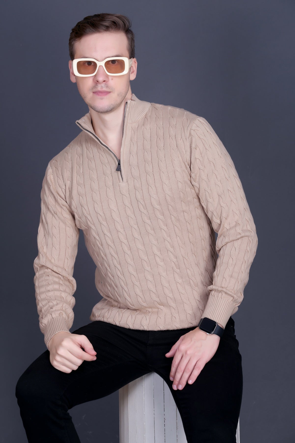 Men Solid Collared Neck Camel Sweater