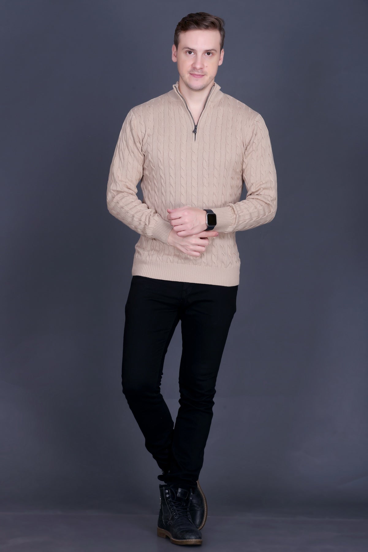 Men Solid Collared Neck Camel Sweater