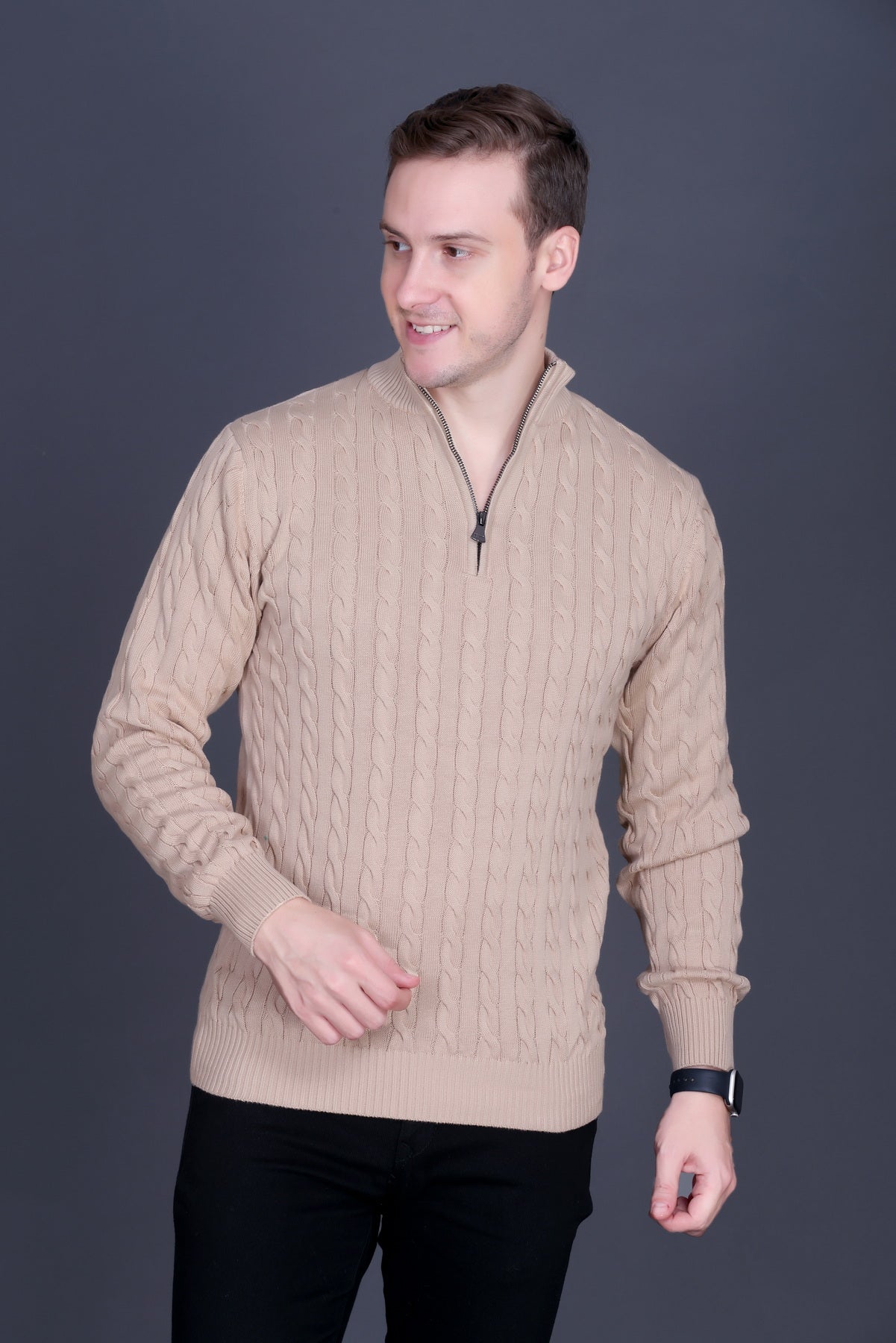 Men Solid Collared Neck Camel Sweater