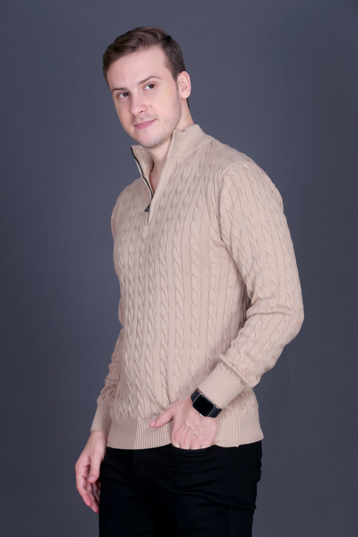 Men Solid Collared Neck Camel Sweater