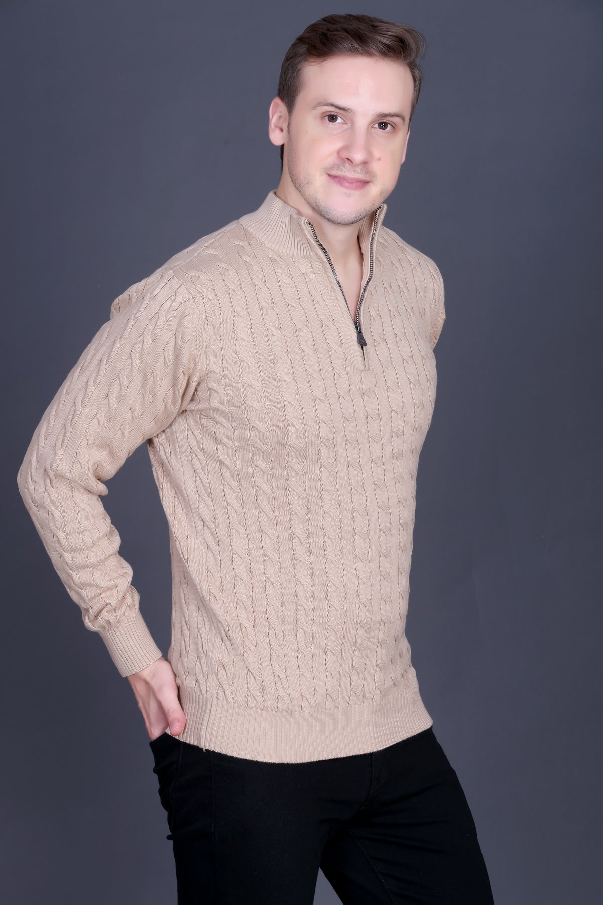 Men Solid Collared Neck Camel Sweater
